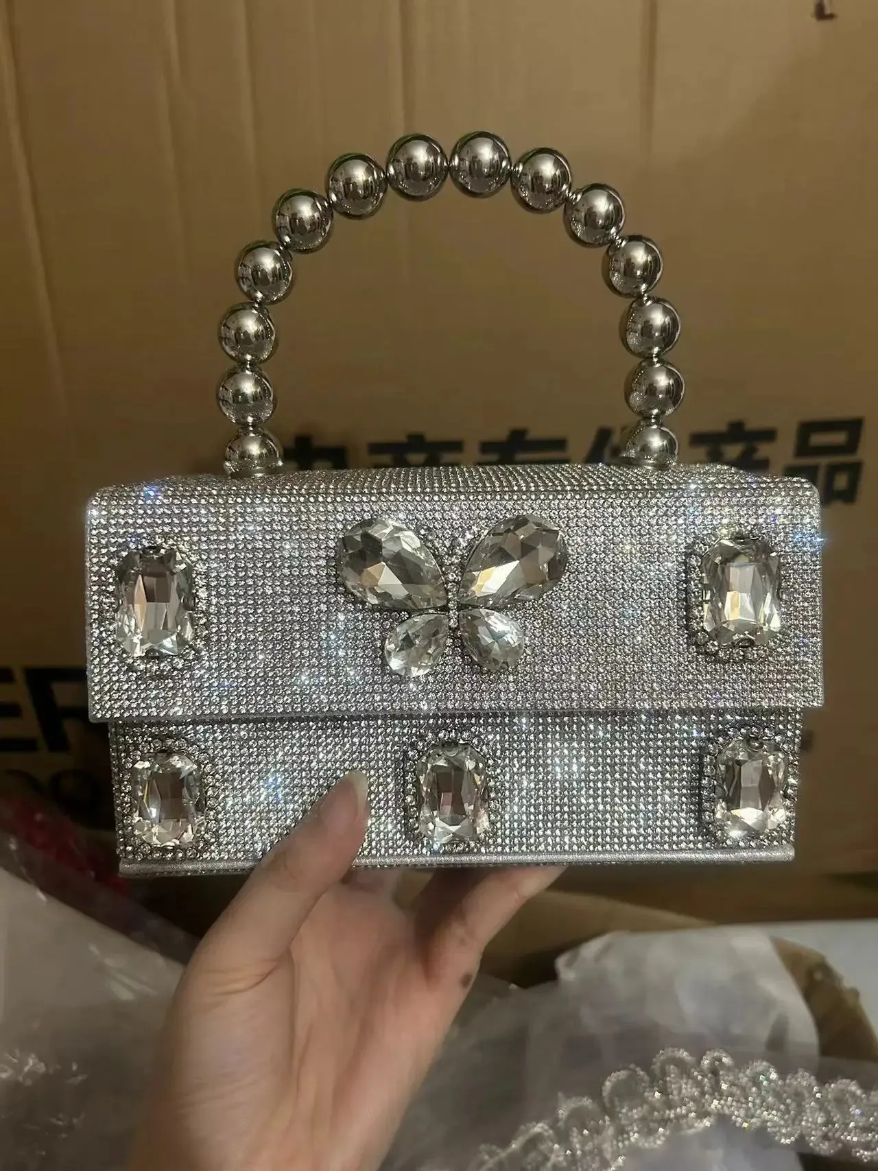 Luxury Satin Square Box Women Handbag Crystal Shiny Rhinestones Diamond Evening Bag Wedding Party Clutch Purse Crossbody Bag