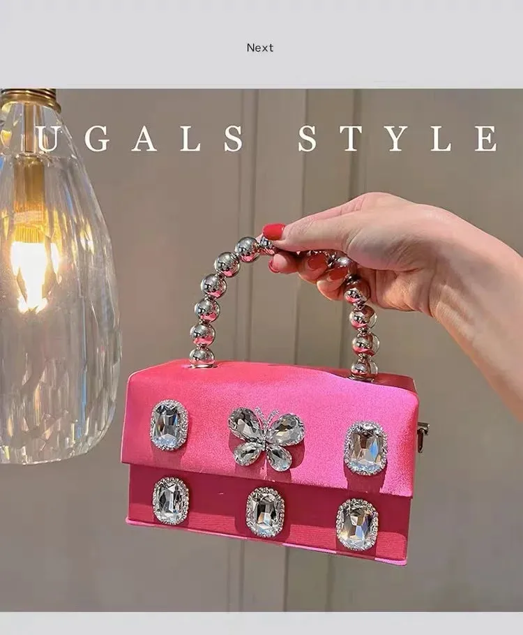 Luxury Satin Square Box Women Handbag Crystal Shiny Rhinestones Diamond Evening Bag Wedding Party Clutch Purse Crossbody Bag
