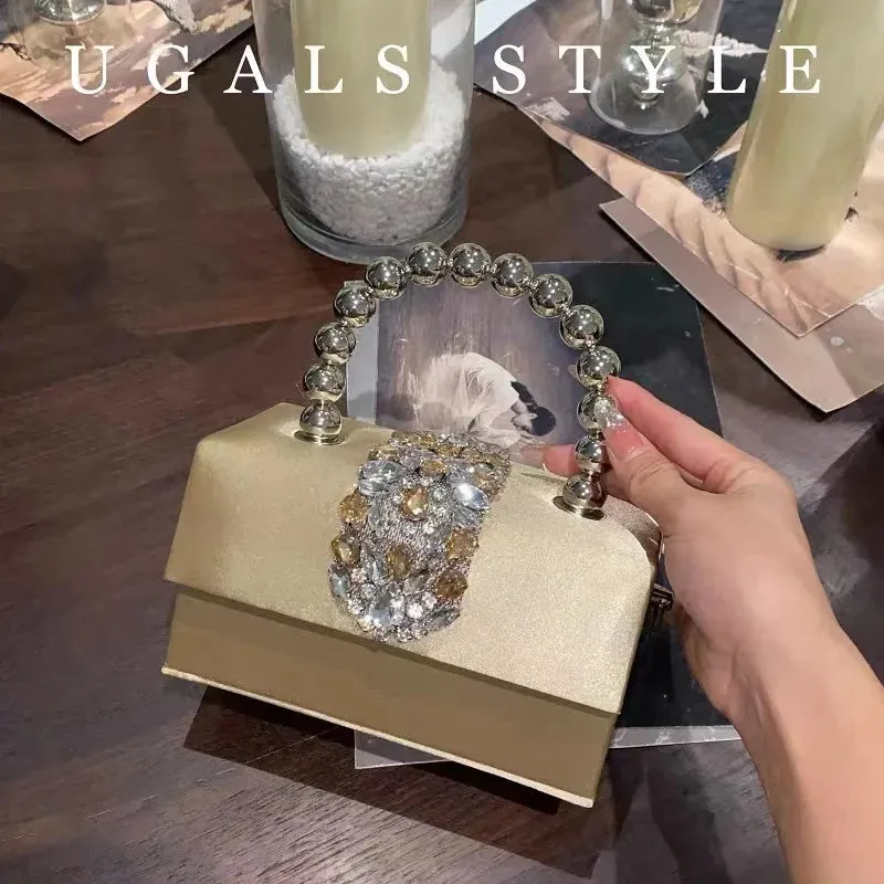 Luxury Satin Square Box Women Handbag Crystal Shiny Rhinestones Diamond Evening Bag Wedding Party Clutch Purse Crossbody Bag