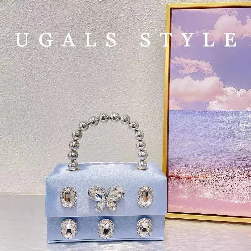 Luxury Satin Square Box Women Handbag Crystal Shiny Rhinestones Diamond Evening Bag Wedding Party Clutch Purse Crossbody Bag