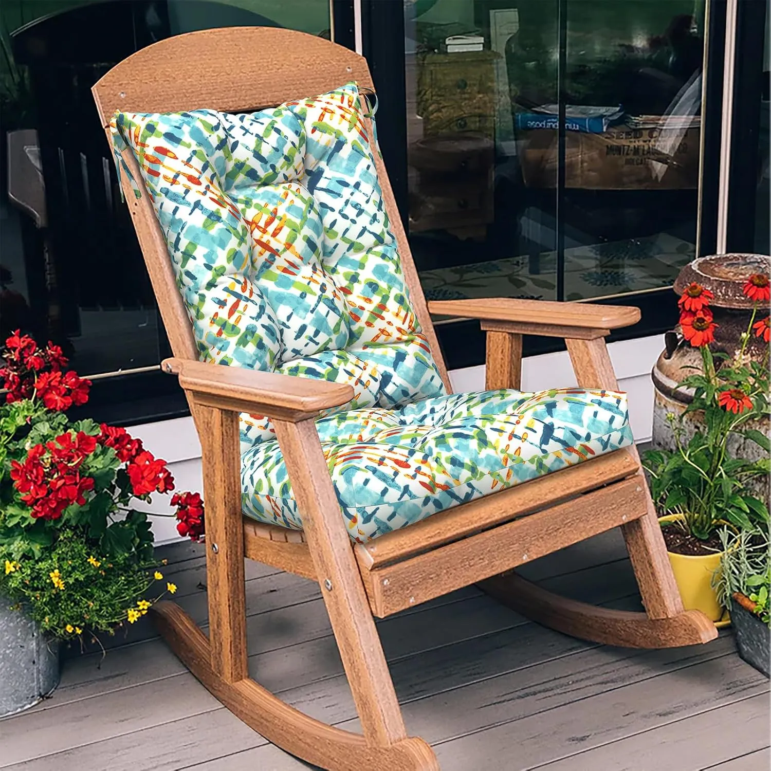 LVTXIII Outdoor/Indoor Rocking Chair Cushion Set with Thick Padding, All Weather Patio Tufted Seat and Back Cushion with Ties for Home and Garden Rocker, 38x17x3, 2 Count, Acapa Opal Geometric