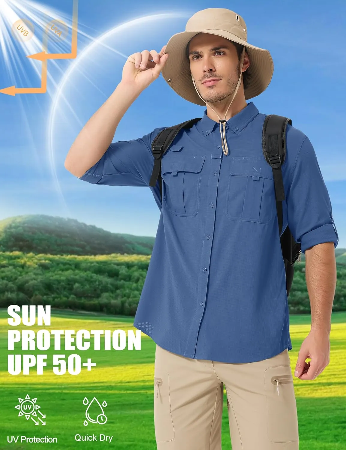 MAGCOMSEN Men's Sun Protection Fishing Shirts UPF 50  UV Quick Dry Long Sleeve Button Down Shirts Safari Hiking Travel