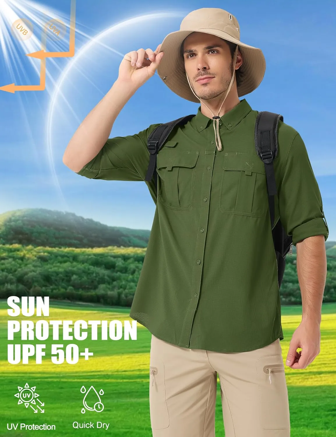 MAGCOMSEN Men's Sun Protection Fishing Shirts UPF 50  UV Quick Dry Long Sleeve Button Down Shirts Safari Hiking Travel