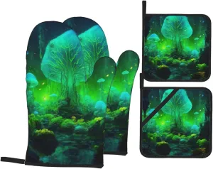 Magic Mushroom Print Convenient Oven Mitts Pot Holders Set Duty Heat Resistant Gloves with Quilted Liner