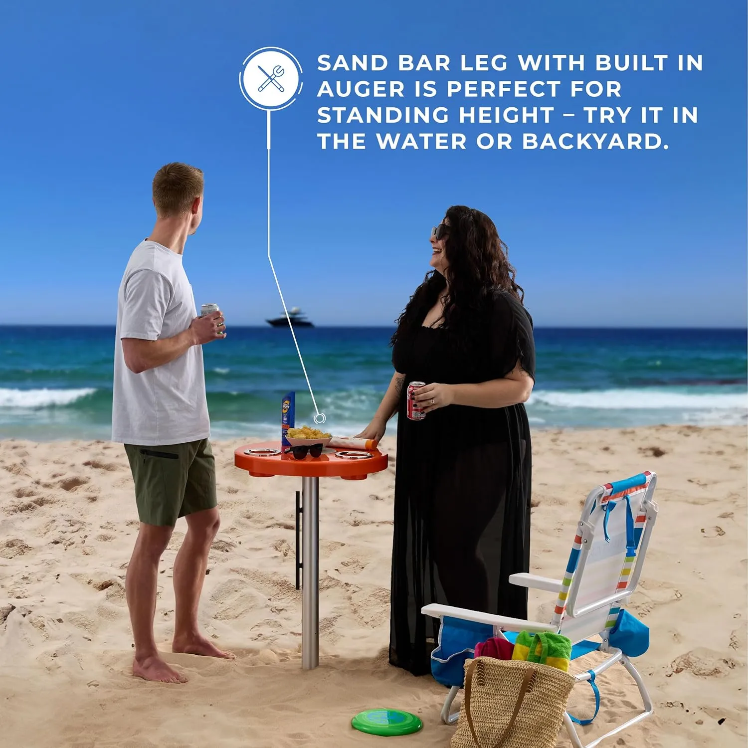 Manufacturers' Select ITC Beach Table with Sand Bar, Auger Post, Durable Beach Accessory, Yard, Campground, Glamping, in and Out of The Water. (Orange, 47" Sand Bar)
