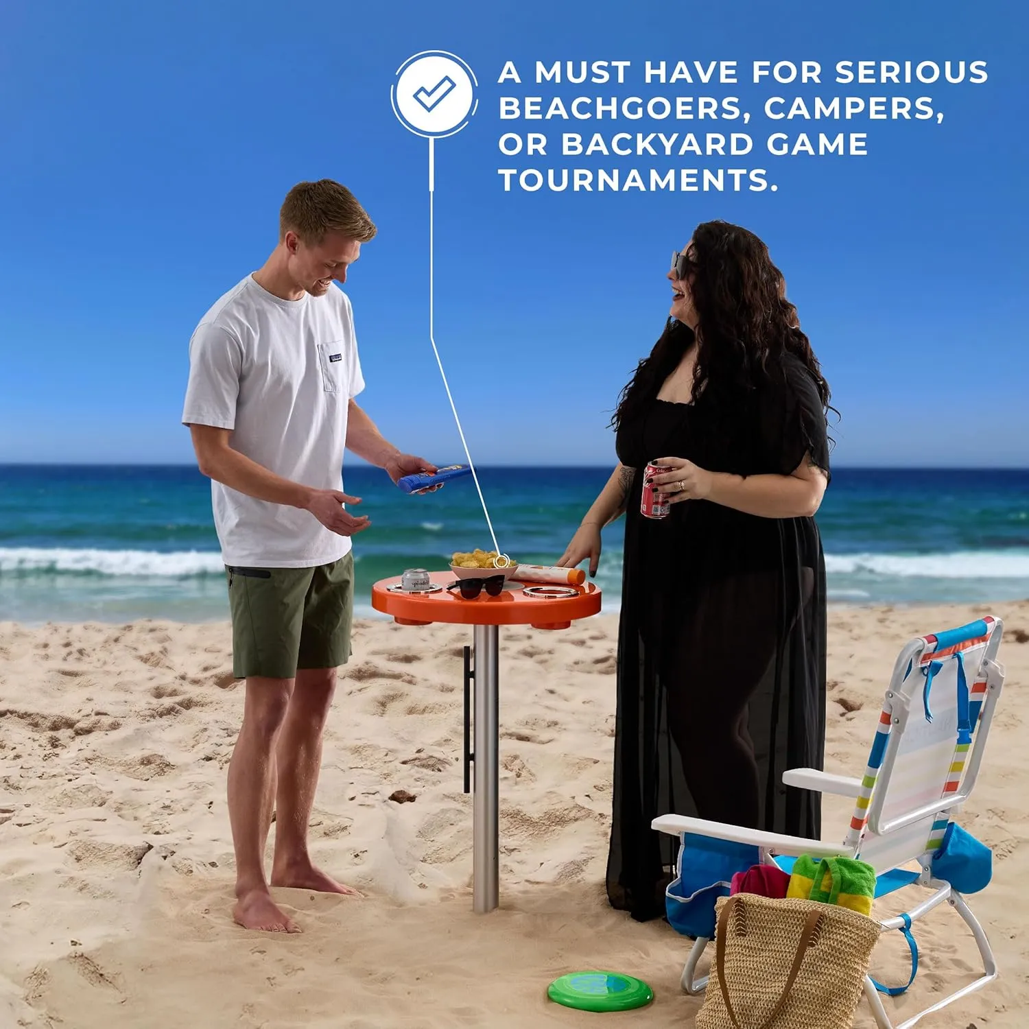 Manufacturers' Select ITC Beach Table with Sand Bar, Auger Post, Durable Beach Accessory, Yard, Campground, Glamping, in and Out of The Water. (Orange, 47" Sand Bar)
