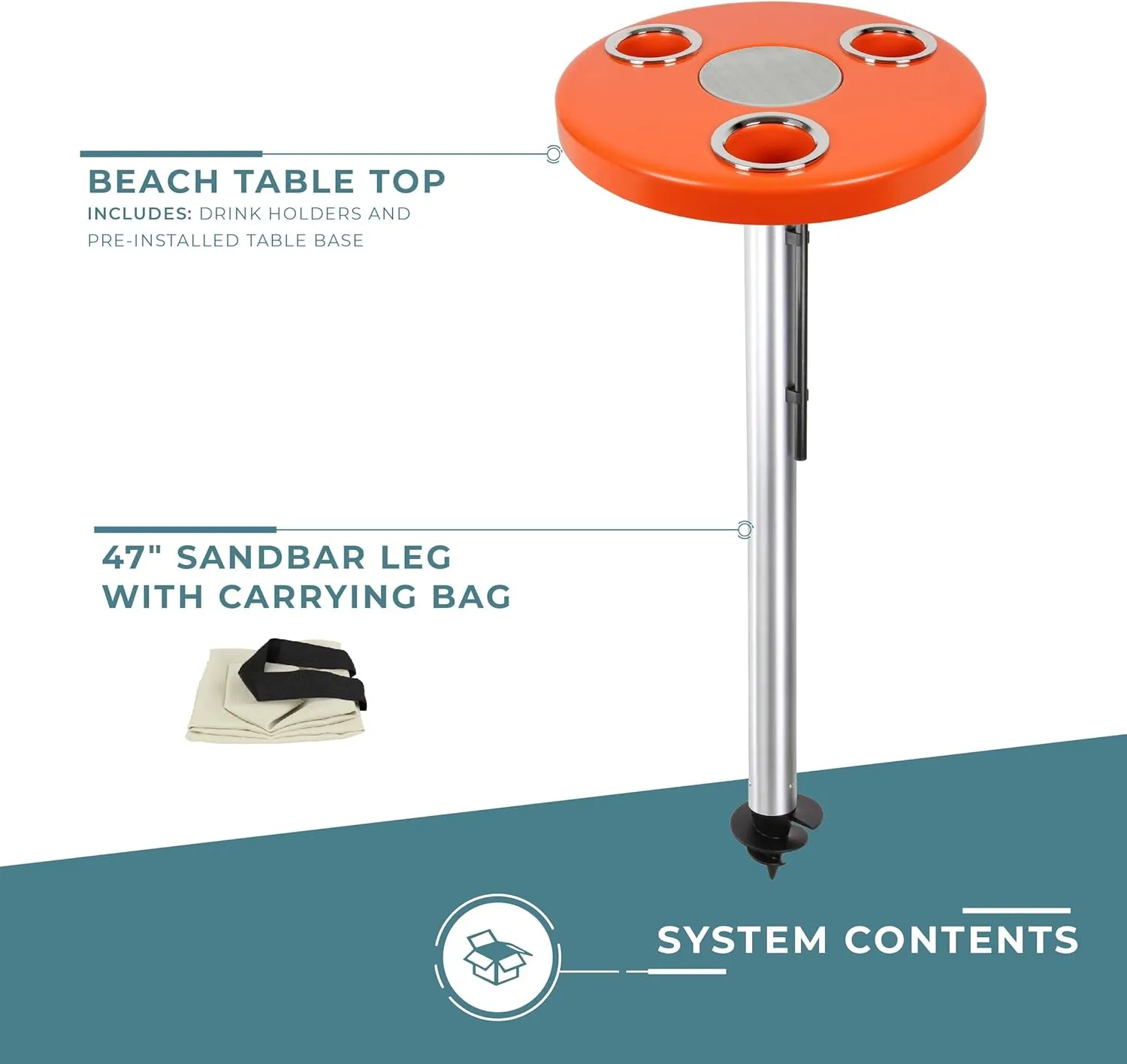 Manufacturers' Select ITC Beach Table with Sand Bar, Auger Post, Durable Beach Accessory, Yard, Campground, Glamping, in and Out of The Water. (Orange, 47" Sand Bar)