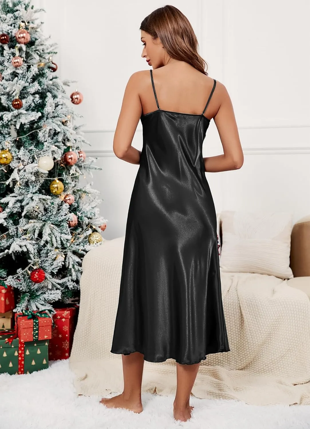 Marvmys Womens Satin Long Nightgown Lace Trim Silk Lingerie Slip Dress Sexy Spaghetti Strap Nightdress