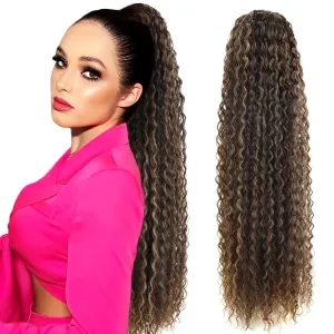 Meepo Curly Ponytail Hair Extensions Synthetic Water Wave Long Drawstring Ponytail Human Hair Feeling For Women With 2 Clips In Ombre Thick Ponytail Natural Looking Hairpiece 30 Inch(#MIX8/10)
