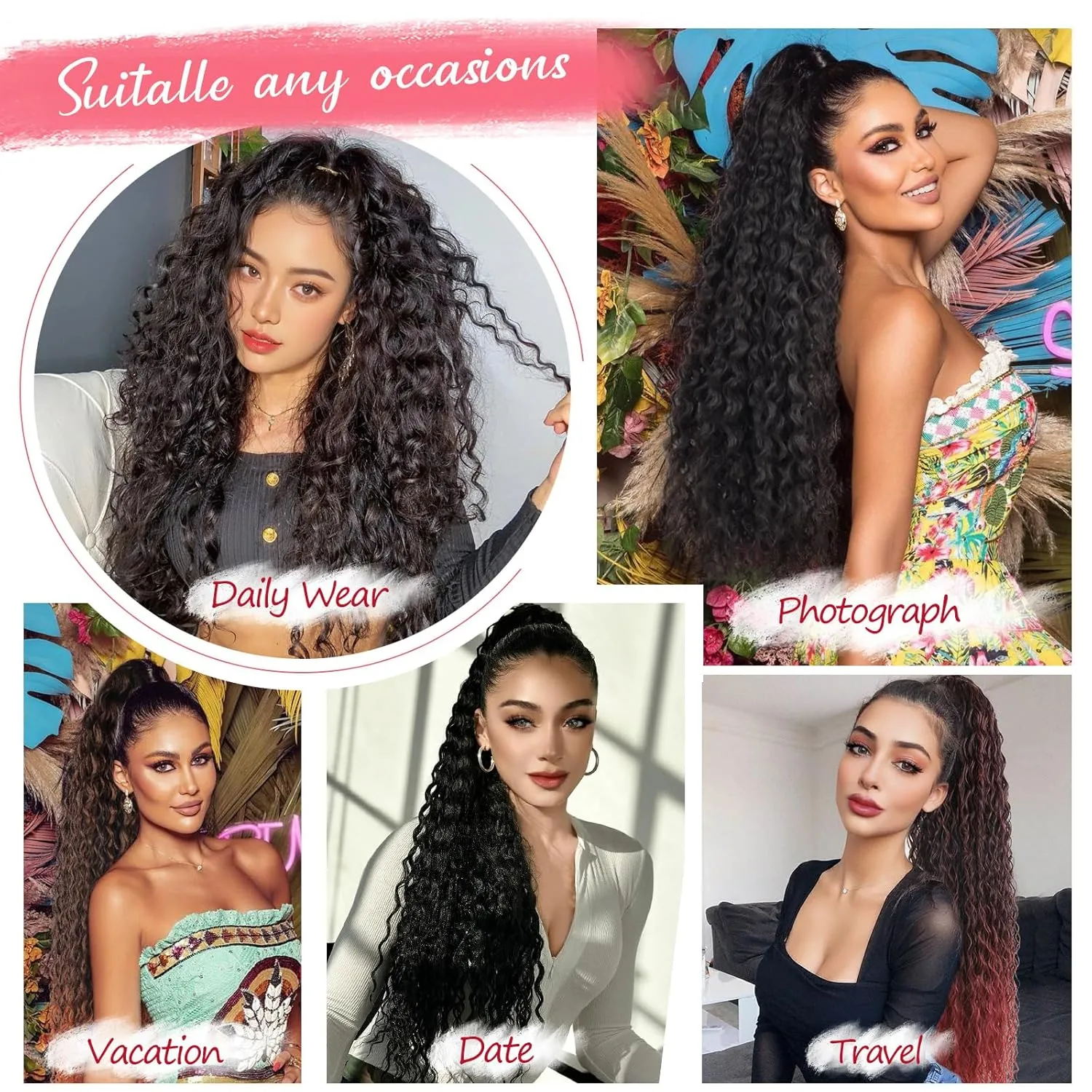 Meepo Curly Ponytail Hair Extensions Synthetic Water Wave Long Drawstring Ponytail Human Hair Feeling For Women With 2 Clips In Ombre Thick Ponytail Natural Looking Hairpiece 30 Inch(#MIX8/10)