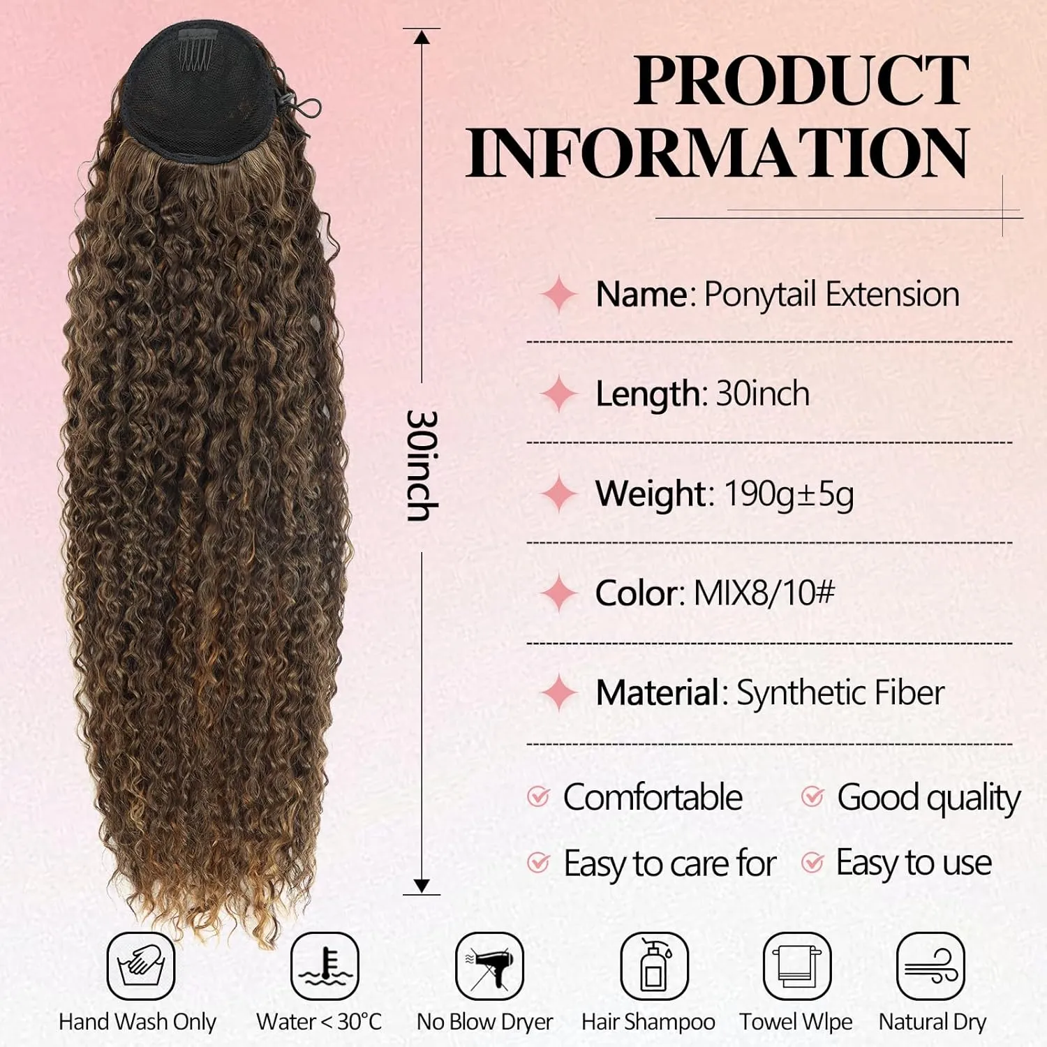 Meepo Curly Ponytail Hair Extensions Synthetic Water Wave Long Drawstring Ponytail Human Hair Feeling For Women With 2 Clips In Ombre Thick Ponytail Natural Looking Hairpiece 30 Inch(#MIX8/10)