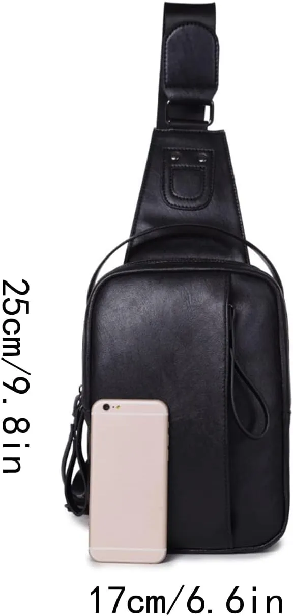 Men Leather Crossbody Daypack Travel Hiking Sling Bag Outdoors Chest Bags-Black 1
