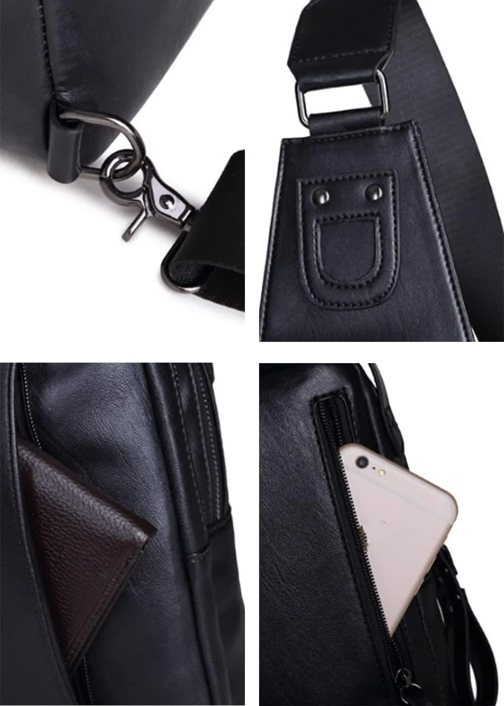 Men Leather Crossbody Daypack Travel Hiking Sling Bag Outdoors Chest Bags-Black 1