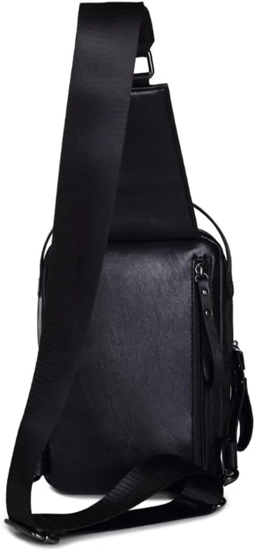 Men Leather Crossbody Daypack Travel Hiking Sling Bag Outdoors Chest Bags-Black 1