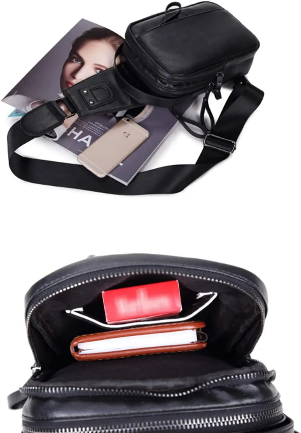 Men Leather Crossbody Daypack Travel Hiking Sling Bag Outdoors Chest Bags-Black 1