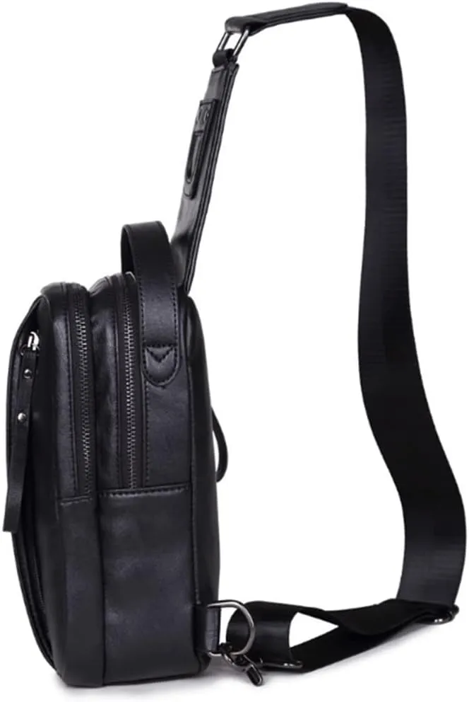 Men Leather Crossbody Daypack Travel Hiking Sling Bag Outdoors Chest Bags-Black 1