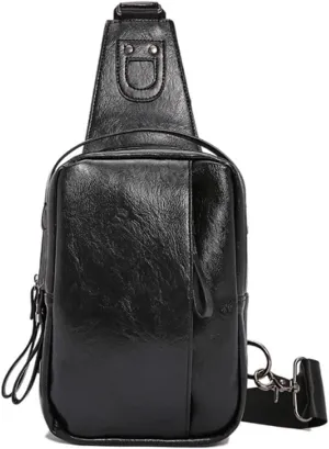Men Leather Crossbody Daypack Travel Hiking Sling Bag Outdoors Chest Bags-Black 1