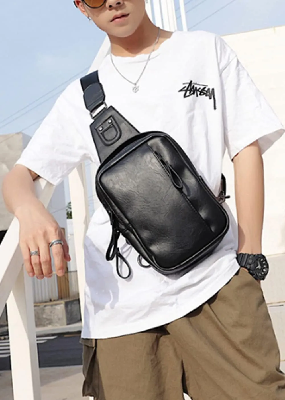 Men Leather Crossbody Daypack Travel Hiking Sling Bag Outdoors Chest Bags-Black 1