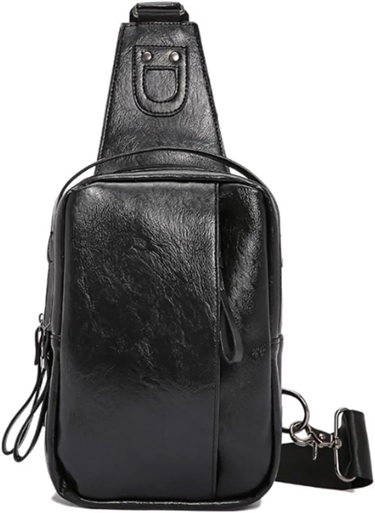 Men Leather Crossbody Daypack Travel Hiking Sling Bag Outdoors Chest Bags-Black 1