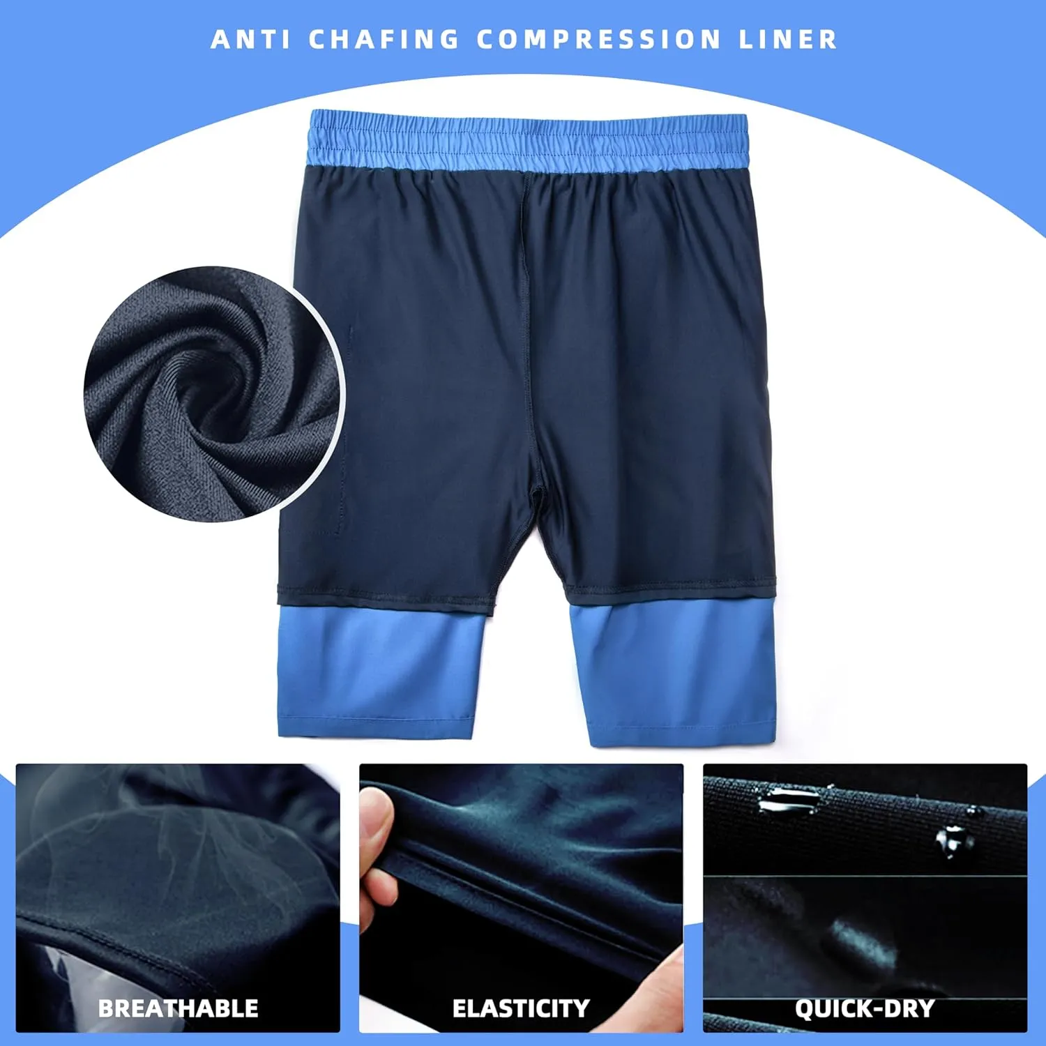 Mens Swim Trunks with Compression Liner 9" Board Shorts 2 in 1 Quick Dry Bathing Suits with Zipper Pockets