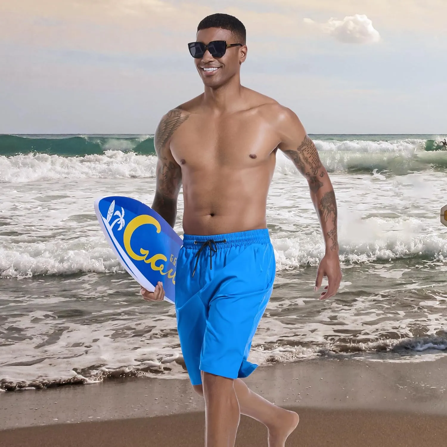 Mens Swim Trunks with Compression Liner 9" Board Shorts 2 in 1 Quick Dry Bathing Suits with Zipper Pockets