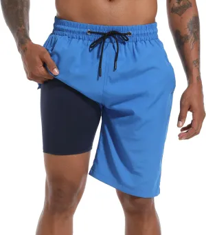 Mens Swim Trunks with Compression Liner 9" Board Shorts 2 in 1 Quick Dry Bathing Suits with Zipper Pockets