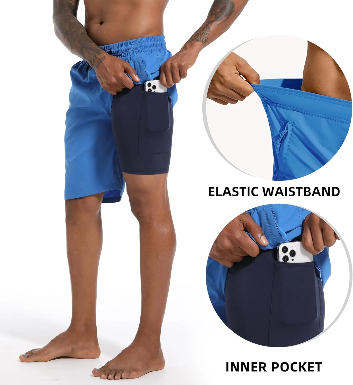 Mens Swim Trunks with Compression Liner 9" Board Shorts 2 in 1 Quick Dry Bathing Suits with Zipper Pockets