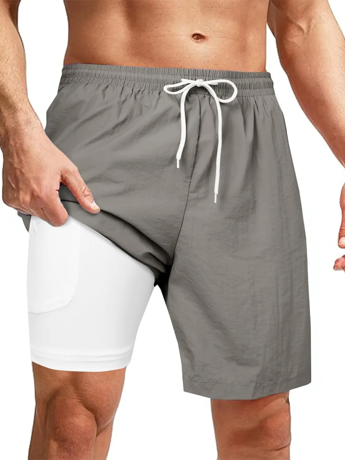 Mens Swimsuit Trunks 7" Quick Dry Swim Shorts with Compression Liner and Zipper Pockets