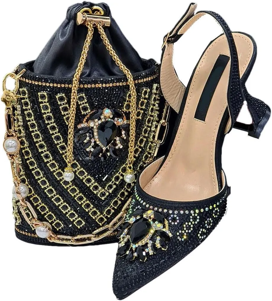 Metallic Finish Evening Sandals Rhinestone Clutch Partywear Shoe Bag Set