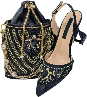 Metallic Finish Evening Sandals Rhinestone Clutch Partywear Shoe Bag Set