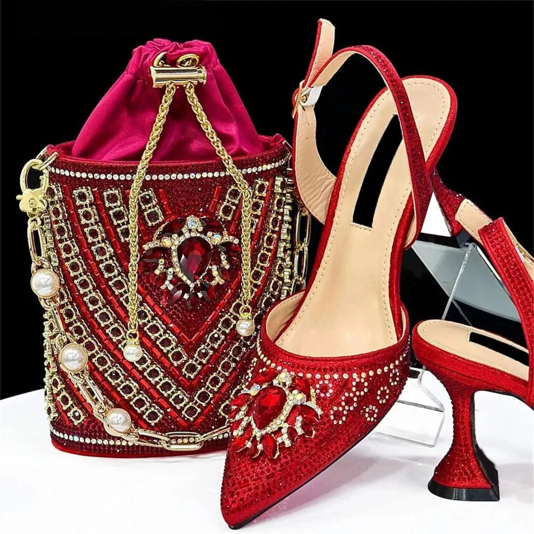 Metallic Finish Evening Sandals Rhinestone Clutch Partywear Shoe Bag Set