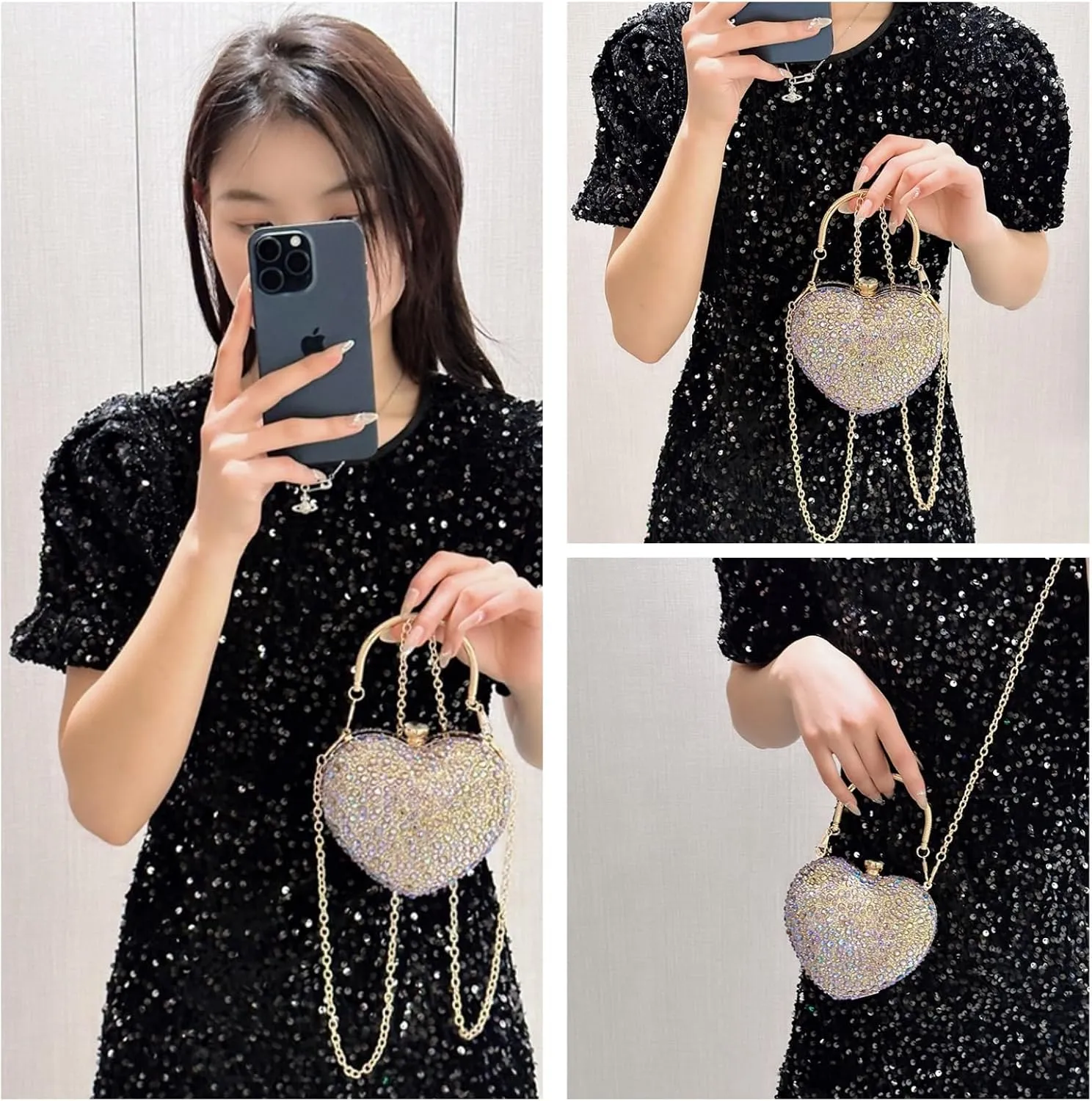 Mini Heart Rhinestone Purse - Wedding Clutch Bag for Dinner Party