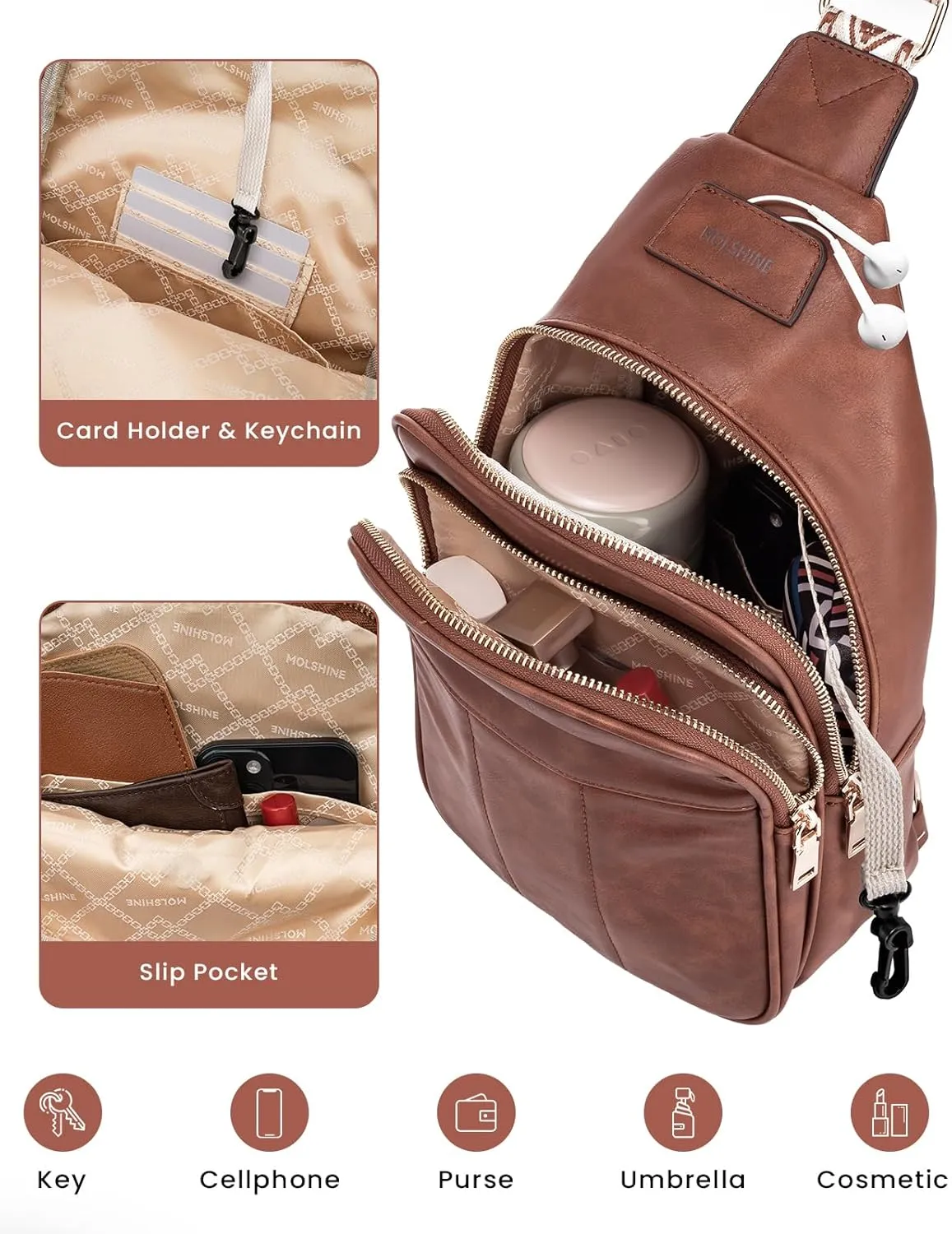 molshine Sling Crossbody Bag, Fashion Chest, Casual PU Leather Shoulder Bag for Women Work Travel Hiking Cycling