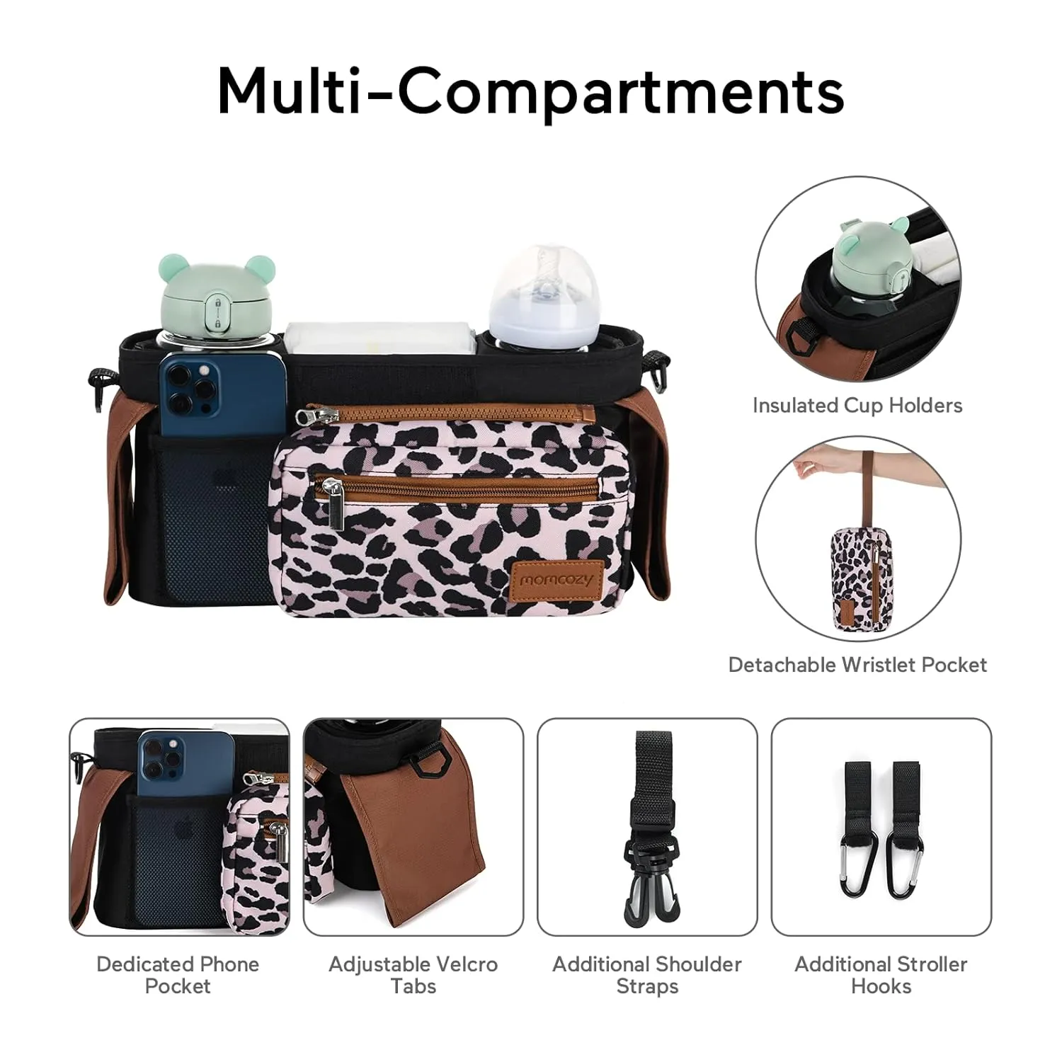 Momcozy Universal Stroller Organizer with Insulated Cup Holder Detachable Phone Bag & Shoulder Strap, Fits for Stroller like Uppababy, Baby Jogger, Britax, BOB, Umbrella and Pet Stroller
