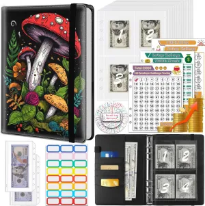 Money Saving Binder, 100 Envelopes Money Saving Challenge, Cash Envelopes Budget Binder & 3 Budgeting Planner Trackers, PU Leathers A5 Money Saving Planner Book，Red Mushroom