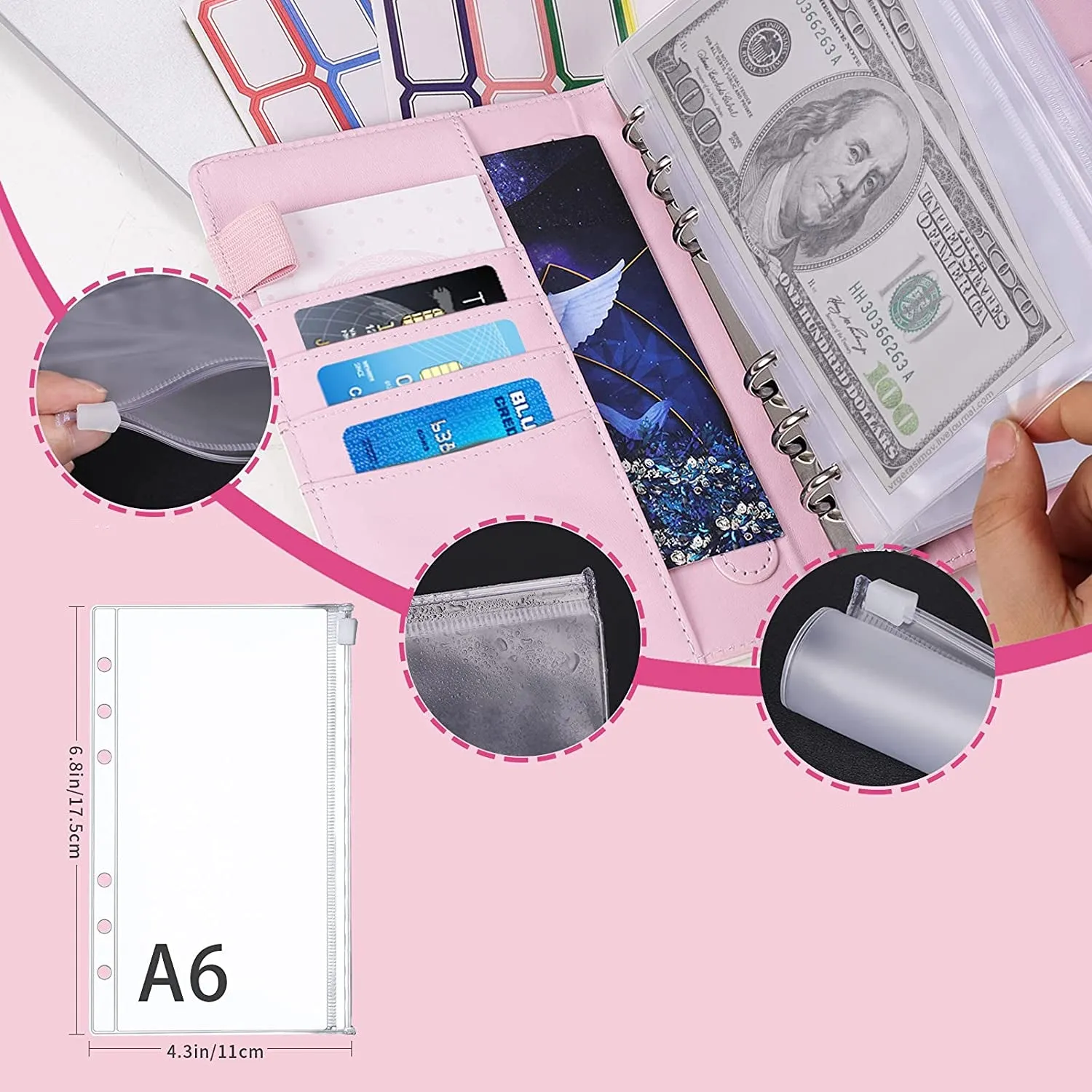 Money Saving Budget Wallet Binder with Zipper Pockets, Budget Sheets and Self-adhesive Labels