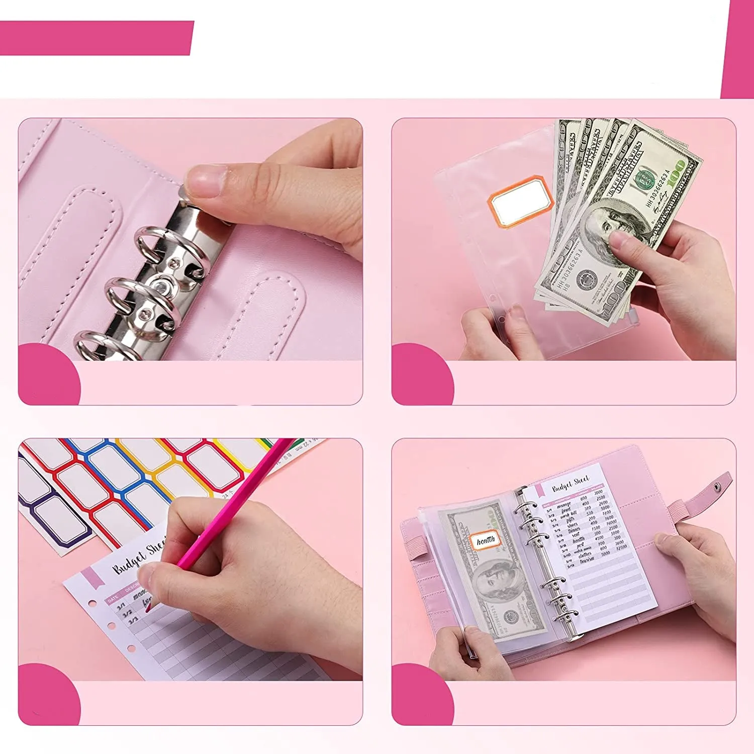 Money Saving Budget Wallet Binder with Zipper Pockets, Budget Sheets and Self-adhesive Labels