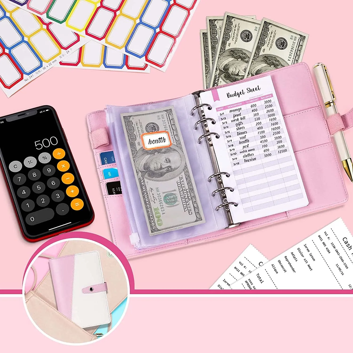 Money Saving Budget Wallet Binder with Zipper Pockets, Budget Sheets and Self-adhesive Labels