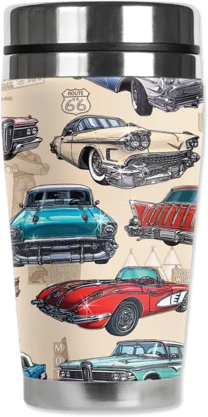 Mugzie 50's Hot Rods Travel Mug with Insulated Wetsuit Cover, 16 oz, Black