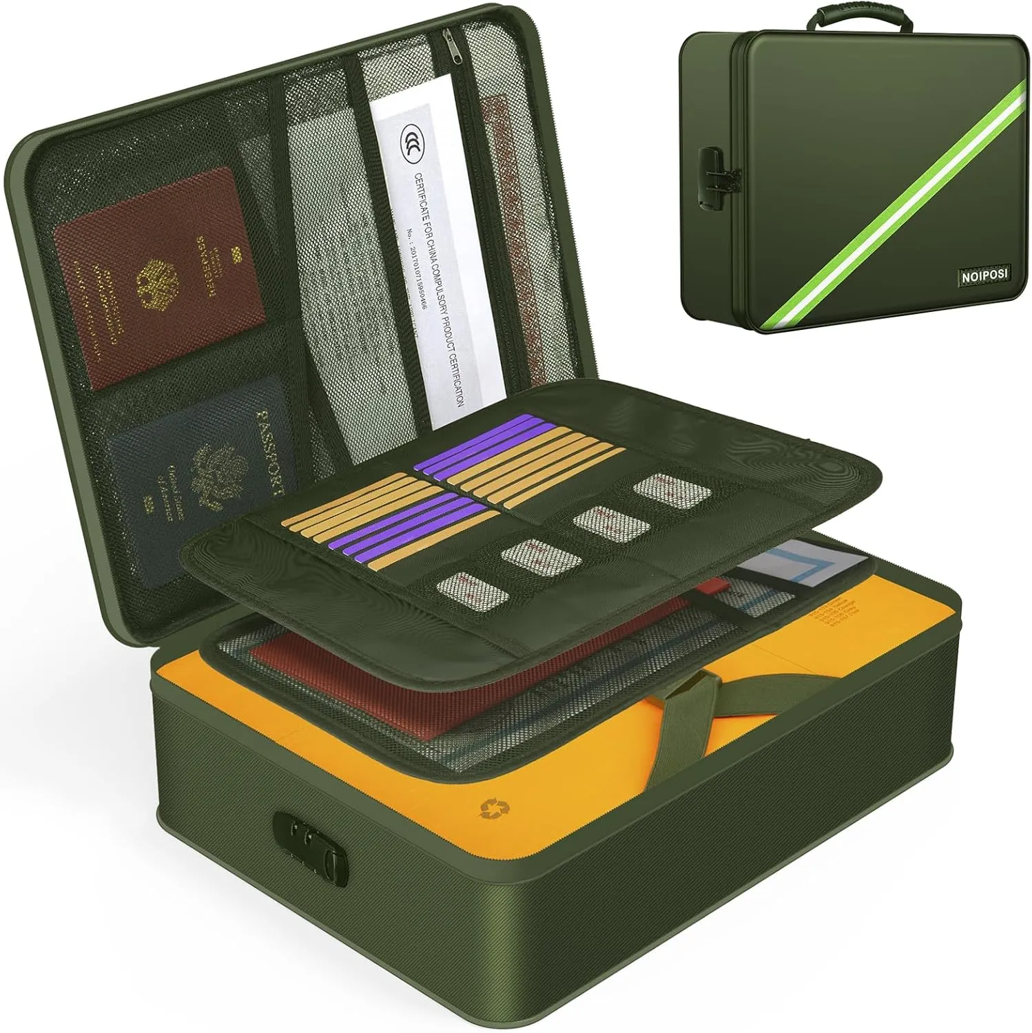 Noiposi Document Organizer with 5200℉ Heat Insulated,Waterproof and Fireproof Document Box,Portable Home Travel Safe Storage Box for Important Documents,File and Birth Certificate，Green