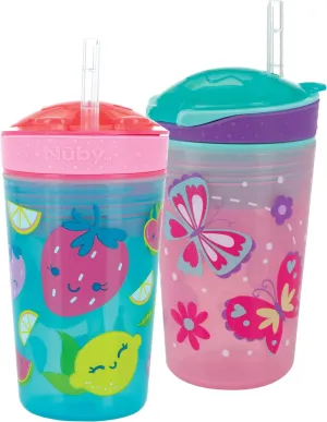 Nuby All in One Snack Bowl and No Spill Soft Straw Cup - 2 Pack Pink Butterflies & Aqua Fruits - Snack N' Sip, Holds: 4.5 oz Container with Lid and 9 oz/ 270 ml Straw Cup (12 Months  )