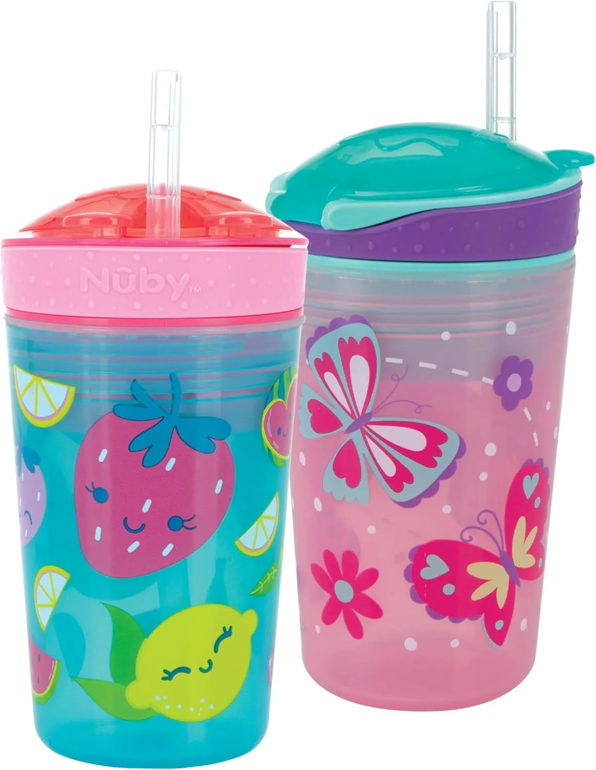 Nuby All in One Snack Bowl and No Spill Soft Straw Cup - 2 Pack Pink Butterflies & Aqua Fruits - Snack N' Sip, Holds: 4.5 oz Container with Lid and 9 oz/ 270 ml Straw Cup (12 Months  )