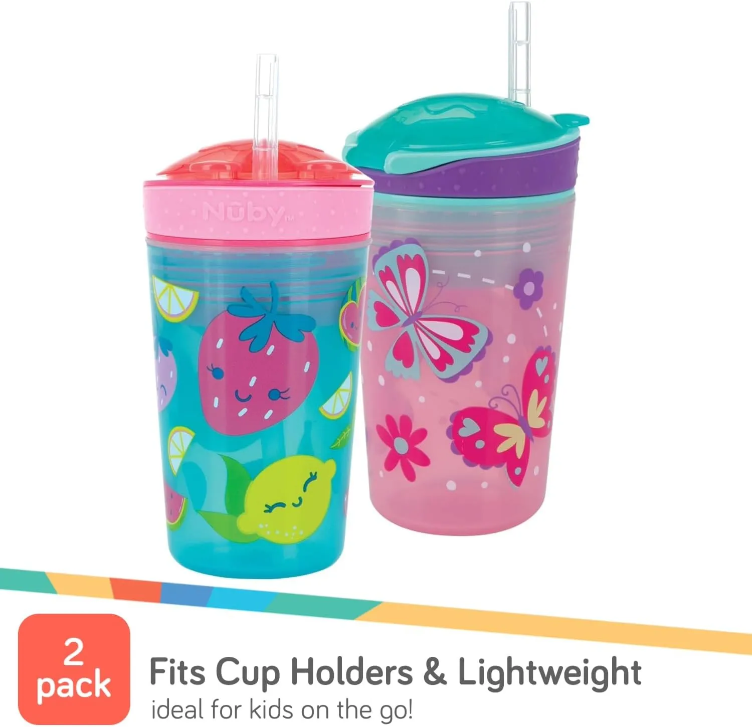 Nuby All in One Snack Bowl and No Spill Soft Straw Cup - 2 Pack Pink Butterflies & Aqua Fruits - Snack N' Sip, Holds: 4.5 oz Container with Lid and 9 oz/ 270 ml Straw Cup (12 Months  )