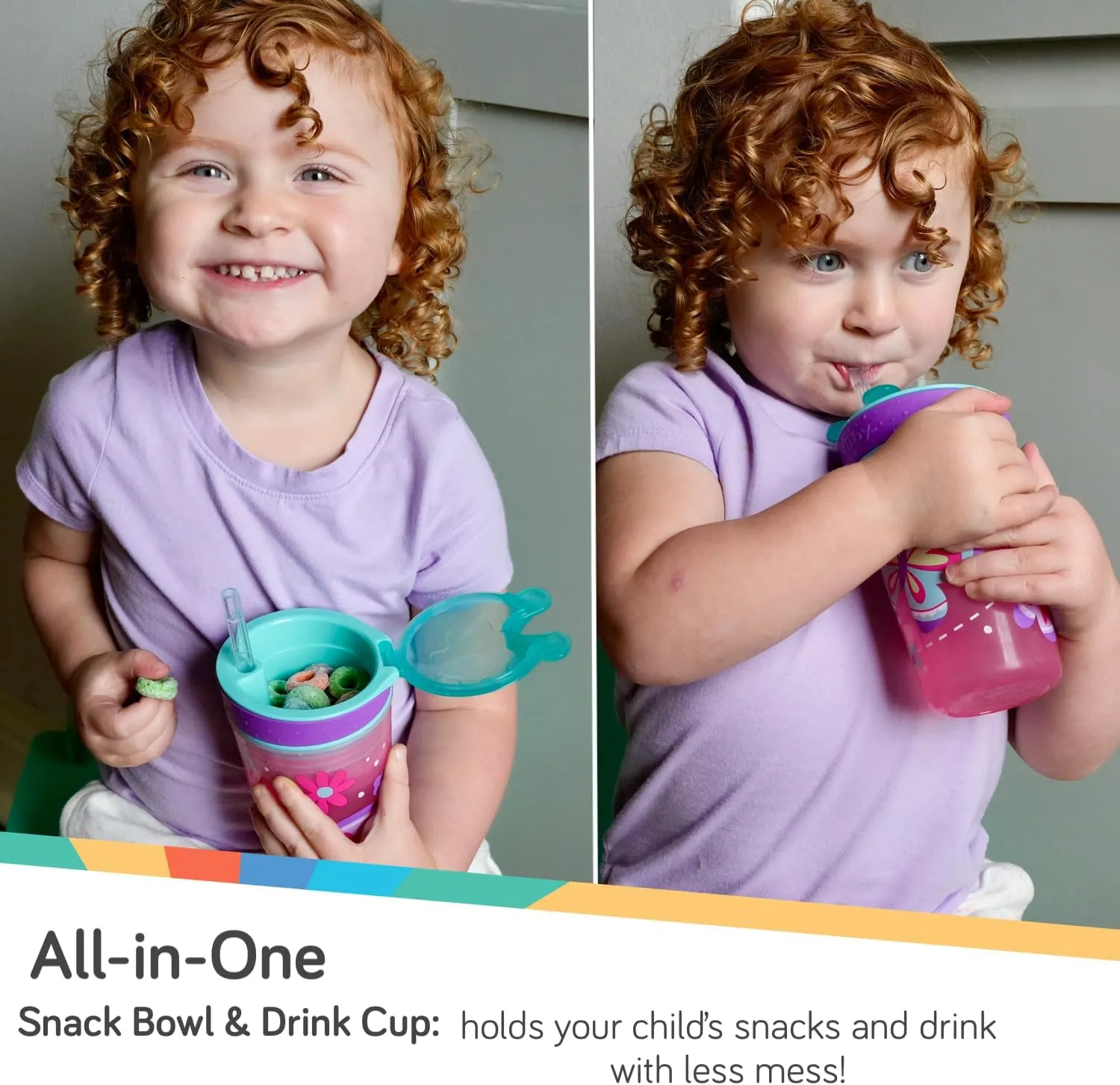 Nuby All in One Snack Bowl and No Spill Soft Straw Cup - 2 Pack Pink Butterflies & Aqua Fruits - Snack N' Sip, Holds: 4.5 oz Container with Lid and 9 oz/ 270 ml Straw Cup (12 Months  )