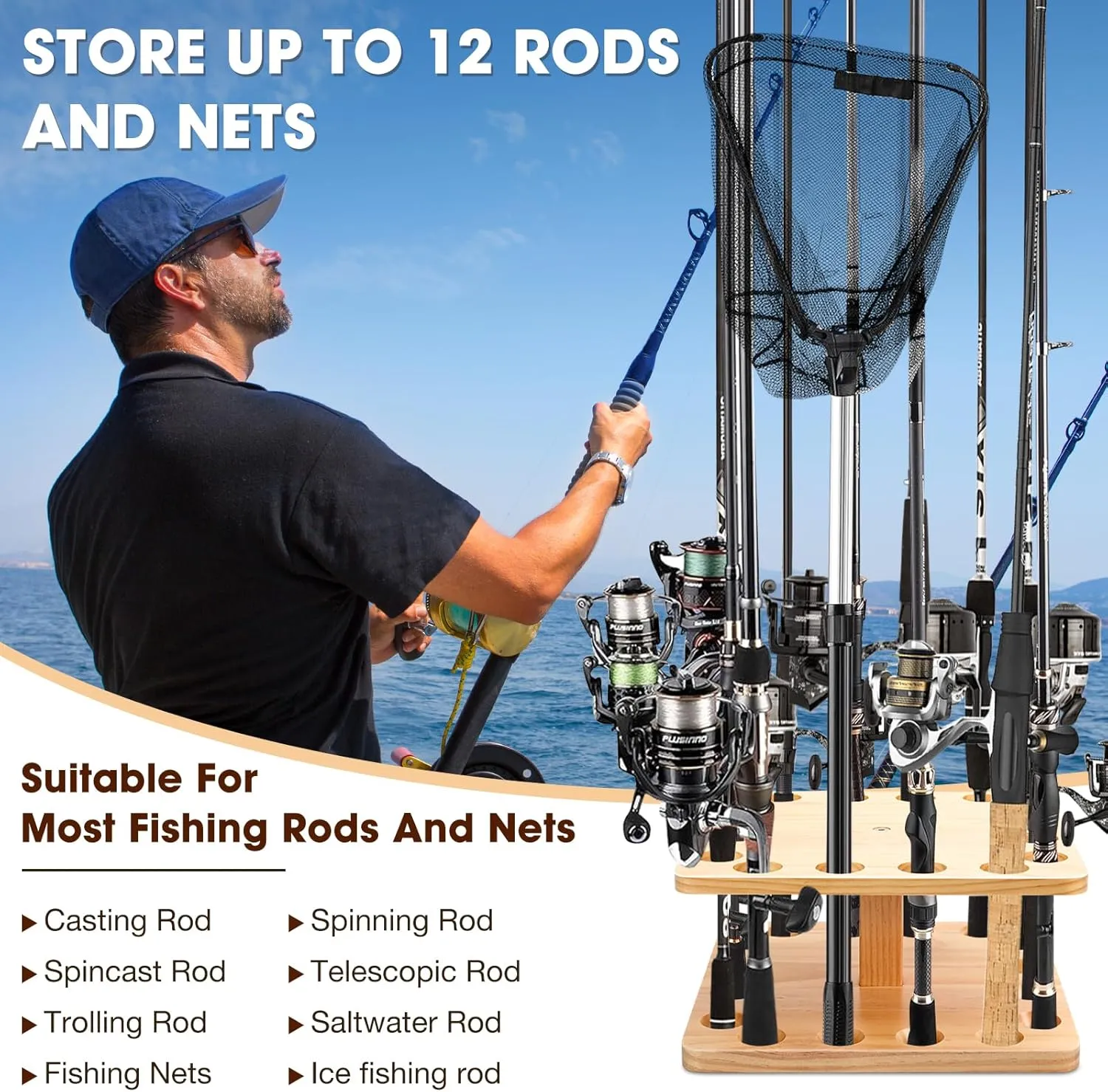okkoCoin Fishing Rod Holders for Garage,Floor Stand Holds up to 16 Rods Wood Fishing Gear Equipment Storage Organizer, Fishing Gifts for Men