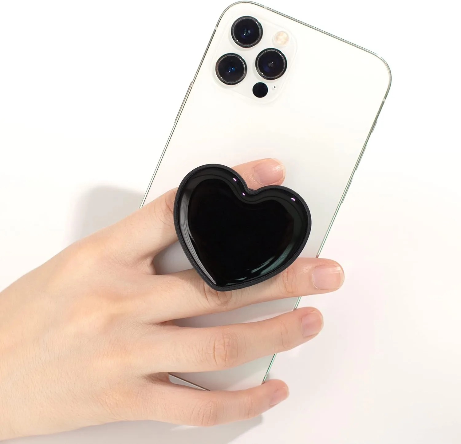OnTheGrip Cute Solid Macaron Color Heart Shape Collapsible Mobile Phone Grip Stand Holder for Smartphone Tablet Cell Phone Accessory (Black)