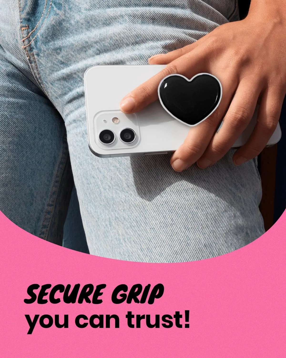 OnTheGrip Cute Solid Macaron Color Heart Shape Collapsible Mobile Phone Grip Stand Holder for Smartphone Tablet Cell Phone Accessory (Black)