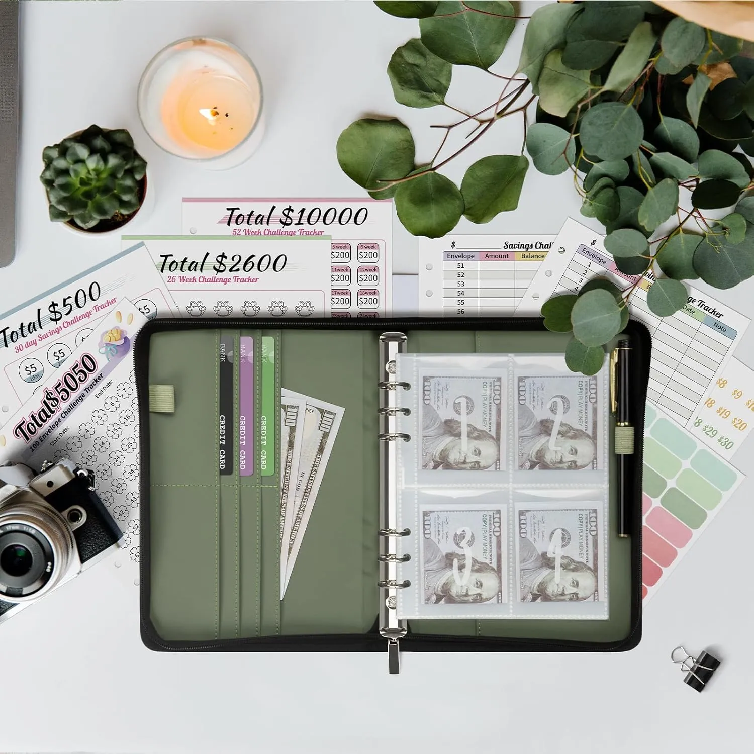 Ospelelf 100 Envelopes Money Saving Challenge Book Zipper Closure Leather 52 Weeks Savings Challenges Budget Planner Binder to Save $10000 $5050 Green
