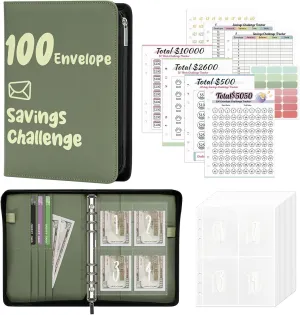 Ospelelf 100 Envelopes Money Saving Challenge Book Zipper Closure Leather 52 Weeks Savings Challenges Budget Planner Binder to Save $10000 $5050 Green