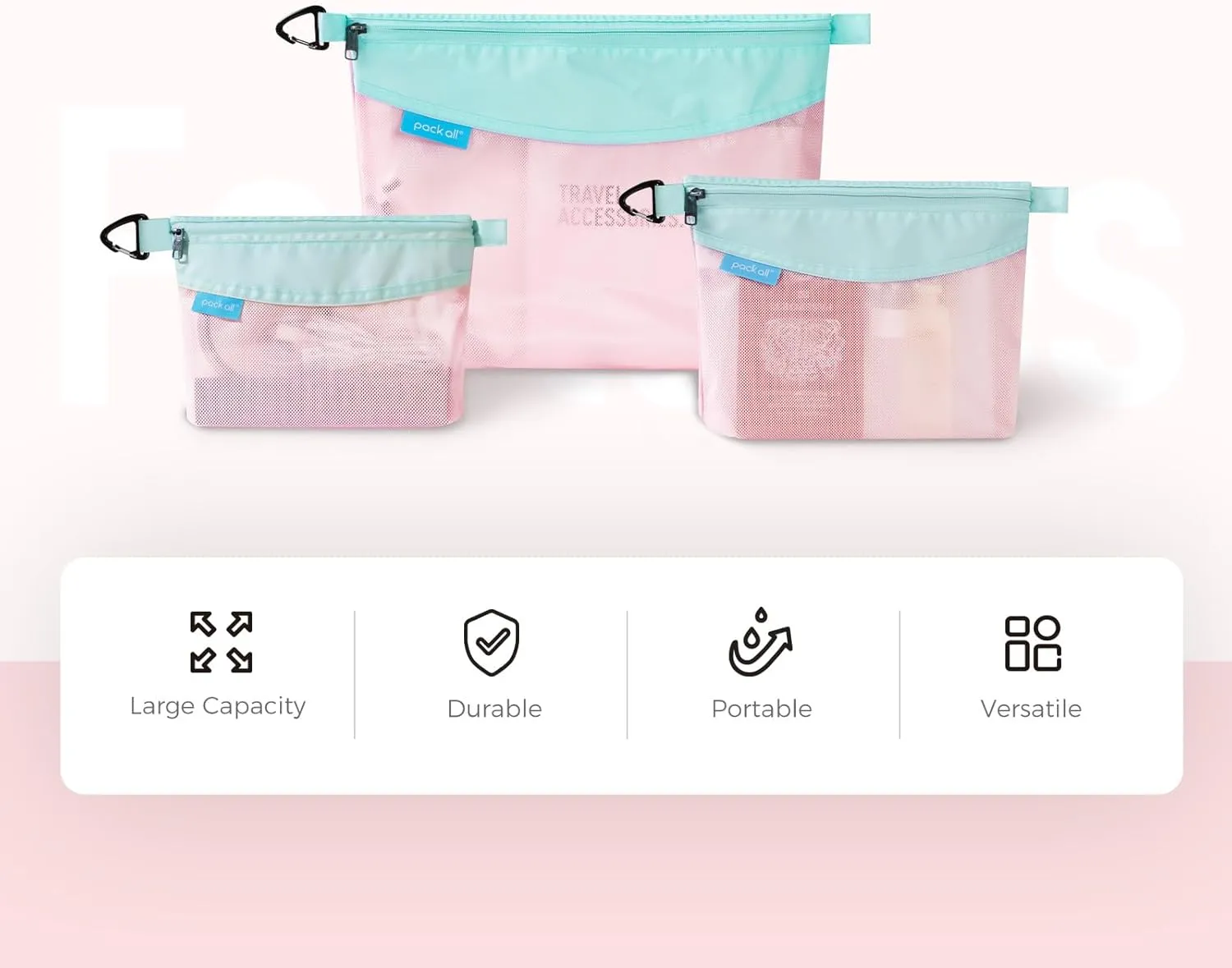pack all Water-resistant Material Zipper Pouch, Mesh Zipper Bag for Storage, Travel, Office (Large, Pink)